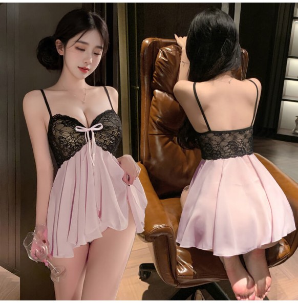 FEE ET MOI - Black Lace Peachy Pure Desire Nightdress (Pink - Black) FEE ET MOI - Black Lace Peachy Pure Desire Nightdress (Pink - Black)
